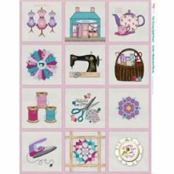 Amber Makes Sewing Block Twelve Illustrated 13x13in Squares Fabric Panel